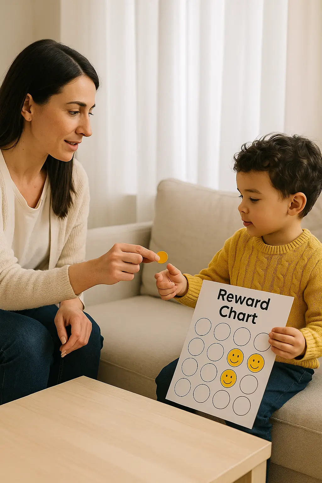 أخصائية نفسية تقدم مكافأة لطفل باستخدام لوحة مكافآت لتحفيز السلوك الإيجابي