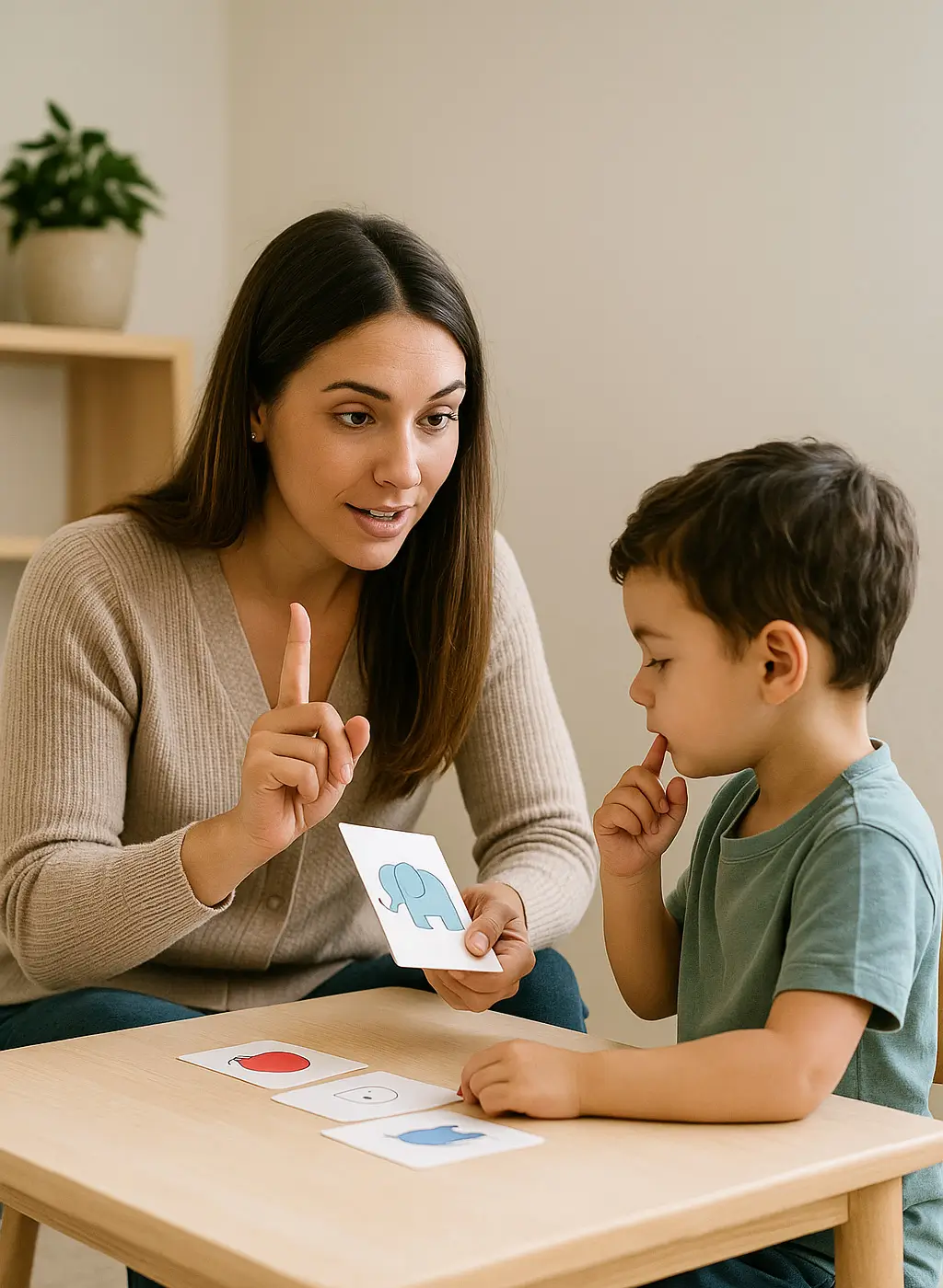 أخصائية نفسية تستخدم بطاقات تعليمية لتعزيز الإدراك والسلوك لدى طفل