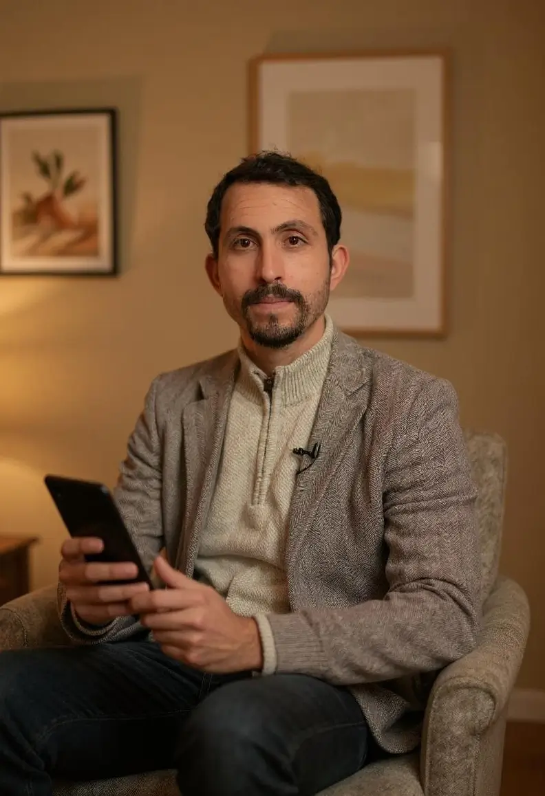 “د. خالد عمرو يبتسم أثناء شرح تقنية تحليل السلوك التطبيقي في بيئة هادئة