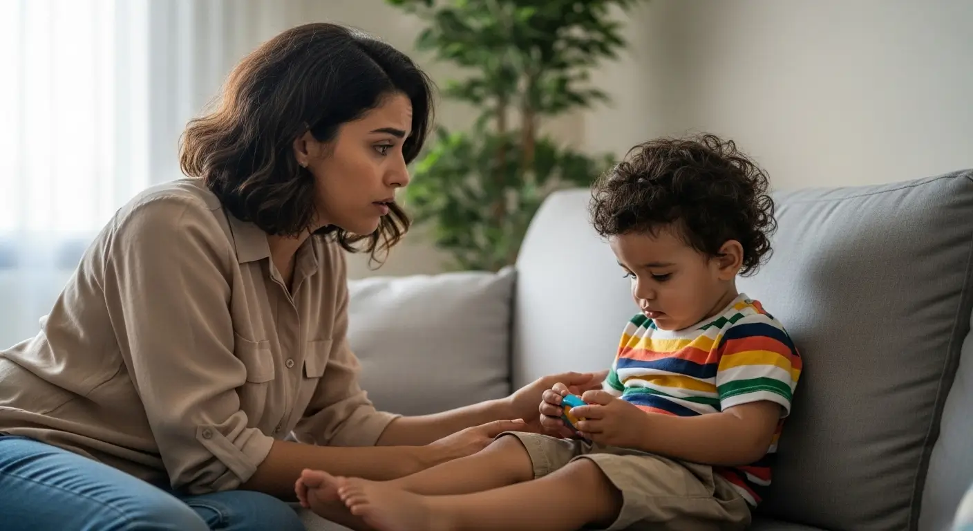 م مغربية تنظر بقلق إلى طفلها الصغير أثناء لعبه، تعبير بصري عن علامات التوحد المبكرة.